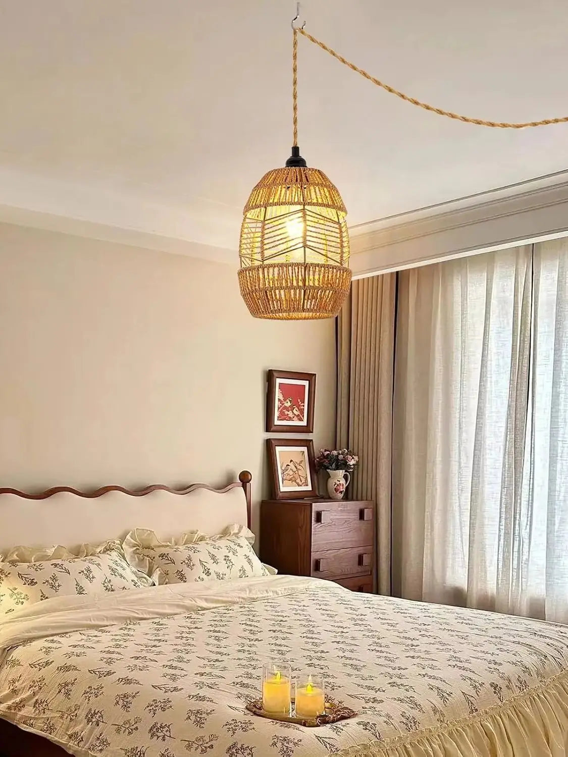 Boho Rattan Pendant Light with Switch