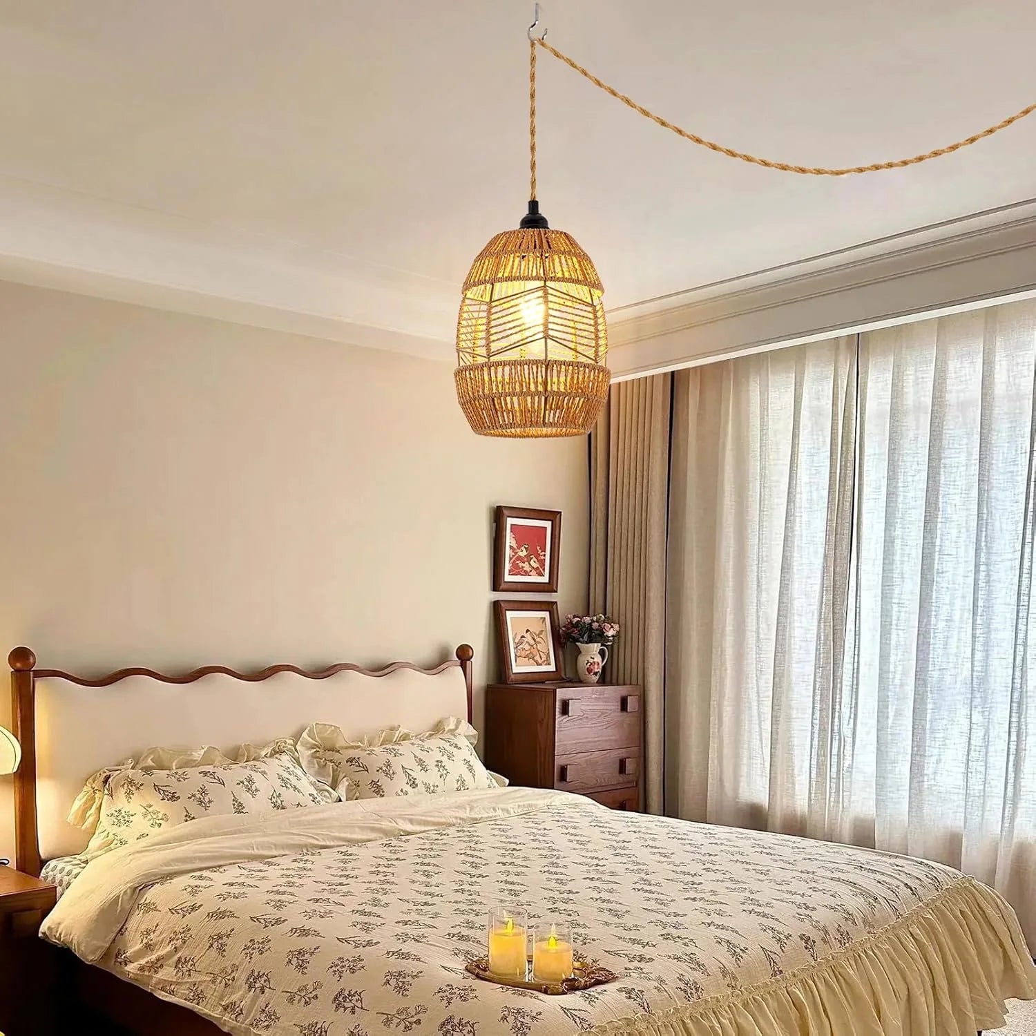 Boho Rattan Pendant Light with Switch