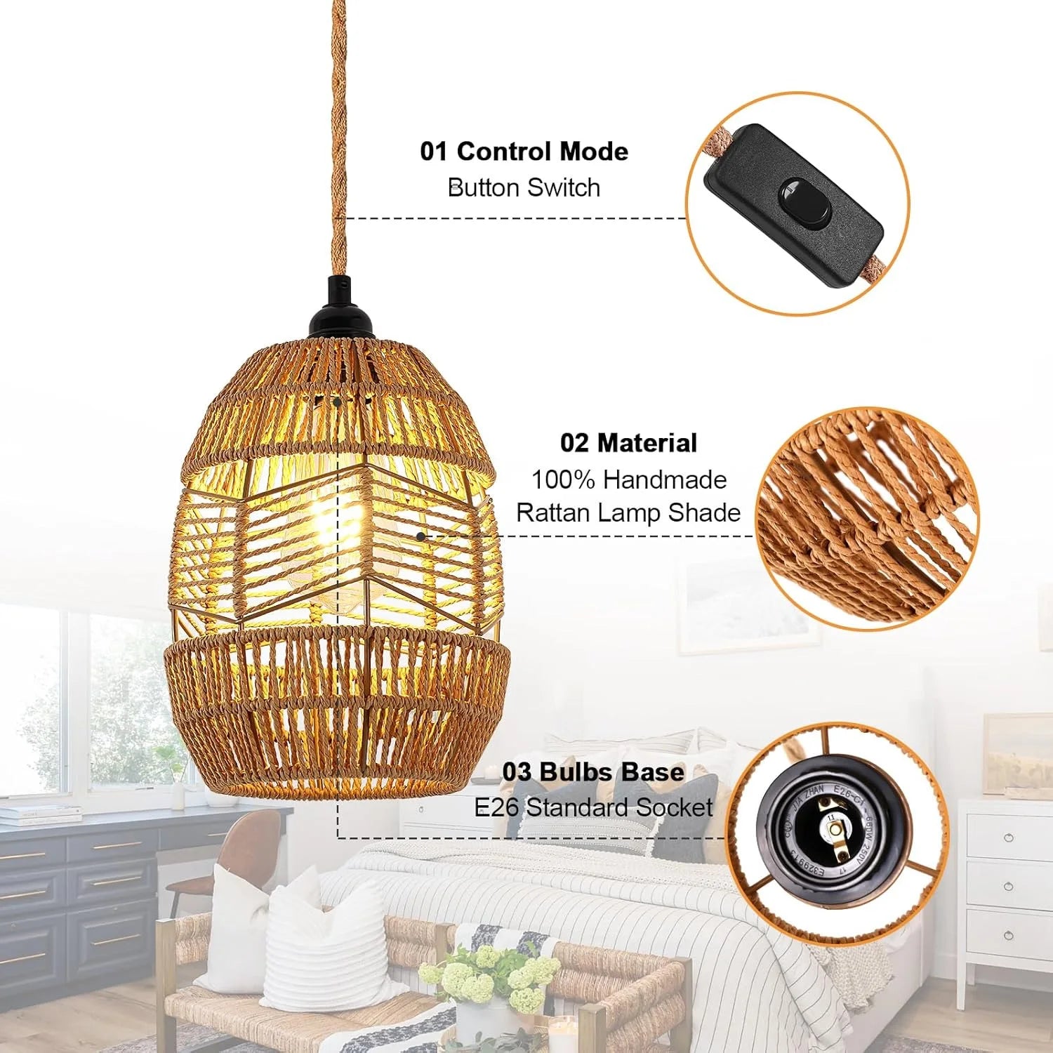 Boho Rattan Pendant Light with Switch