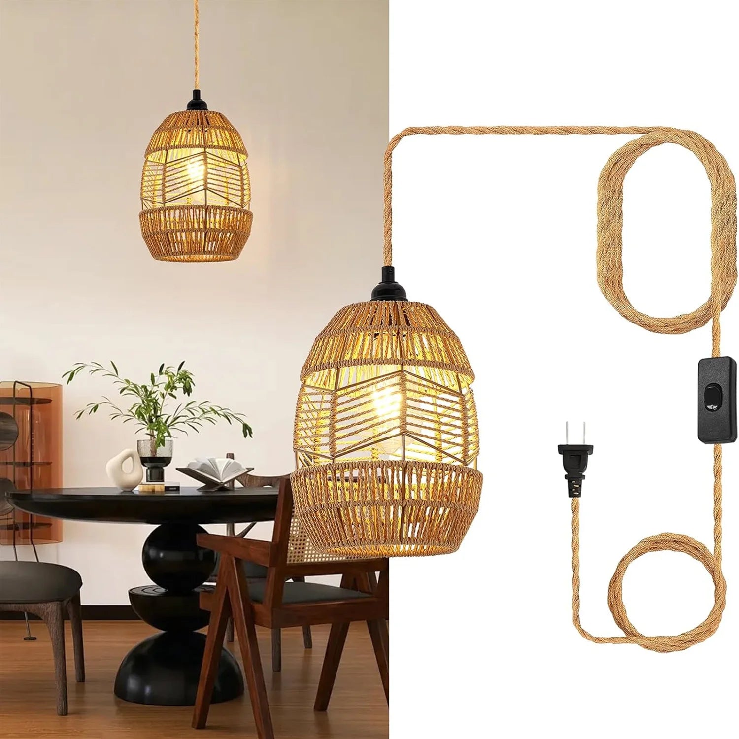 Boho Rattan Pendant Light with Switch