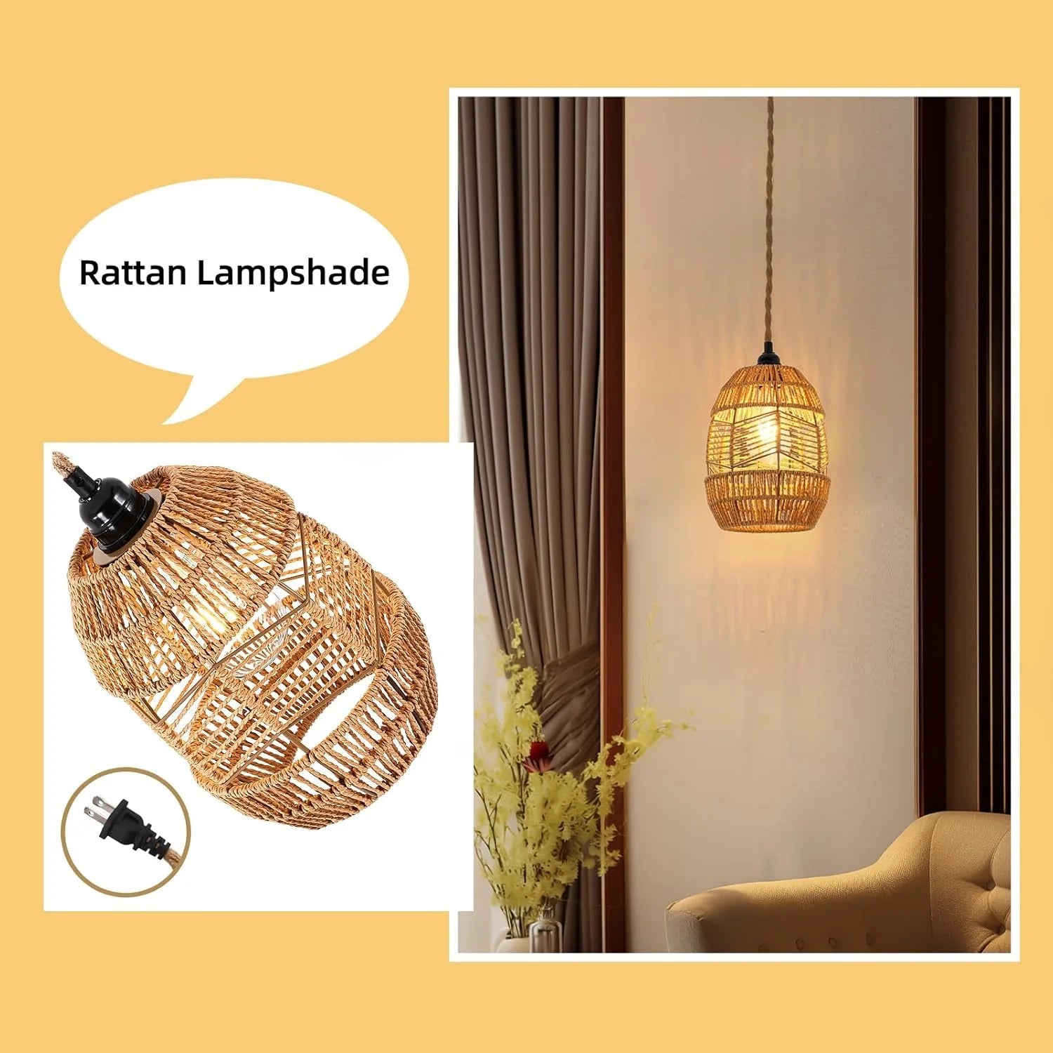 Boho Rattan Pendant Light with Switch