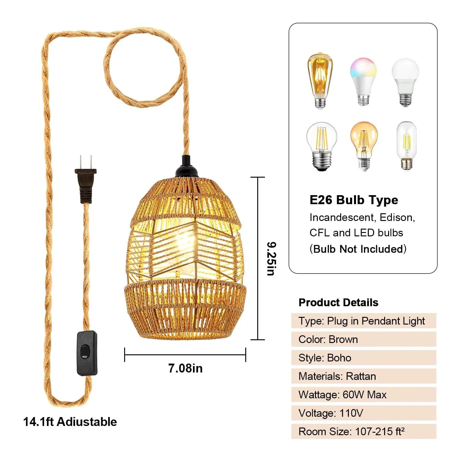 Boho Rattan Pendant Light with Switch