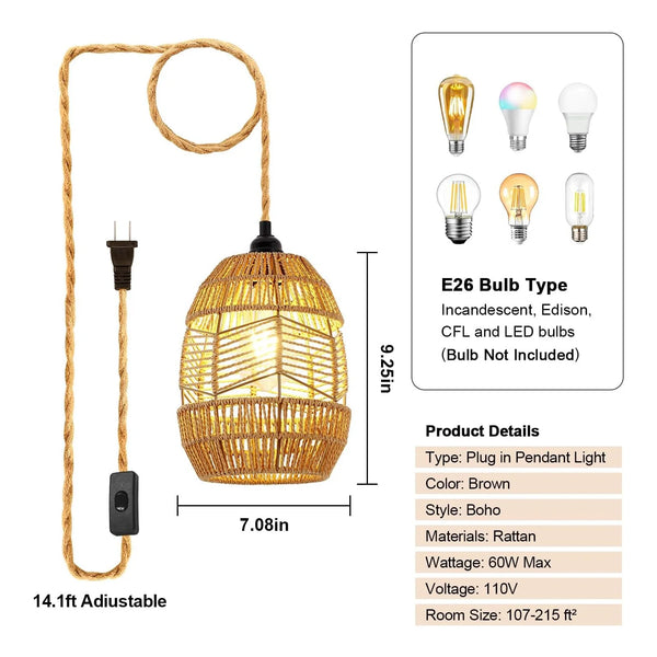 Boho Rattan Pendant Light with Switch