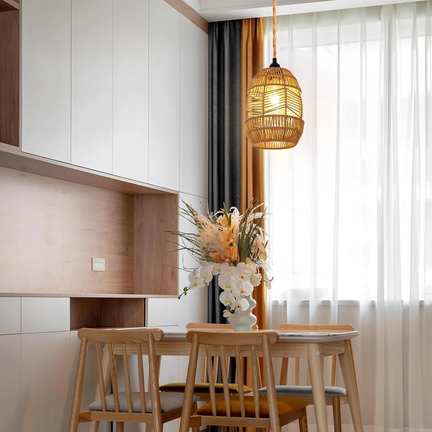 Boho Rattan Pendant Light with Switch