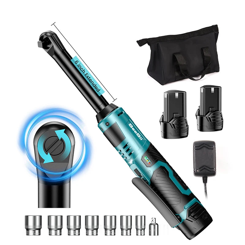 SEESII 3/8" 12V Cordless Extended Ratchet Wrench – 55Nm, 2 Batteries