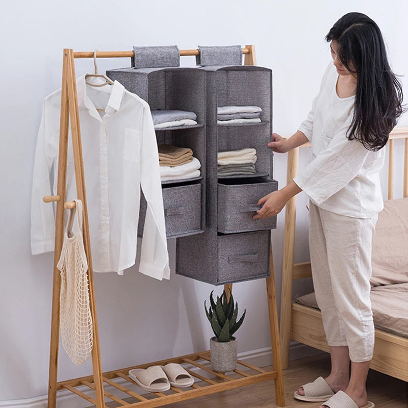 Cotton Linen Hanging Wardrobe Organizer – Collapsible Storage Shelf