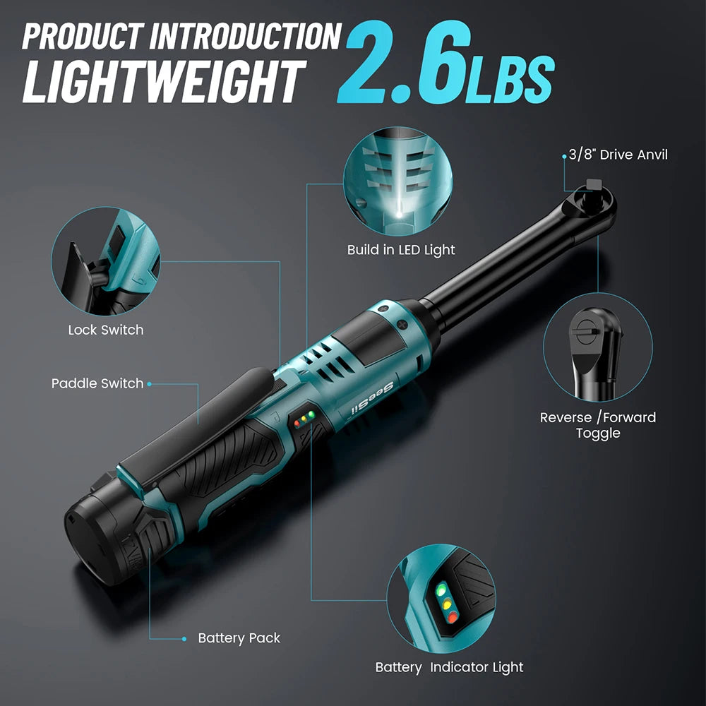 SEESII 3/8" 12V Cordless Extended Ratchet Wrench – 55Nm, 2 Batteries