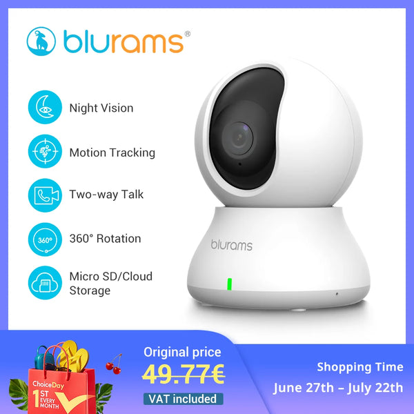 Blurams 2K Indoor WiFi Camera – 360° PTZ, Night Vision, 2-Way Talk
