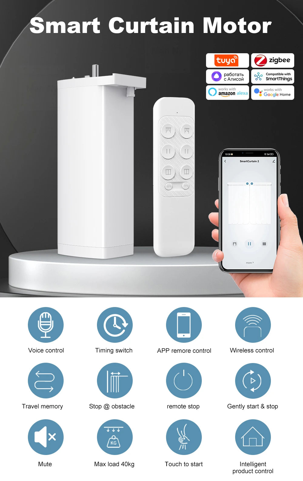 Tuya Smart 155MM Electric Curtain Motor – ZigBee/WiFi & Voice Control