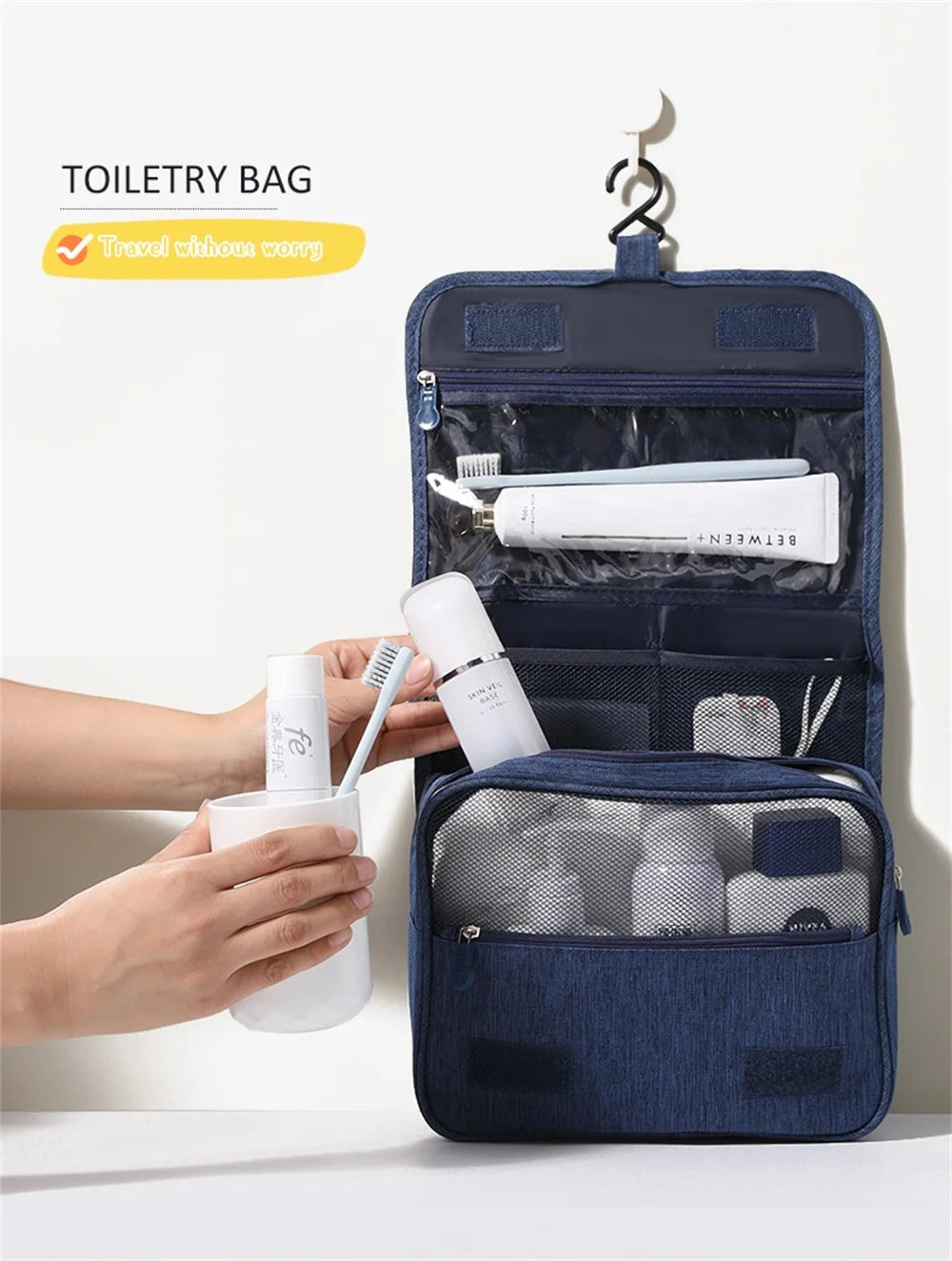 Portable Waterproof Toiletry Bag with Hanging Hook – Large Capacity Travel Makeup Organizer for Men & Women