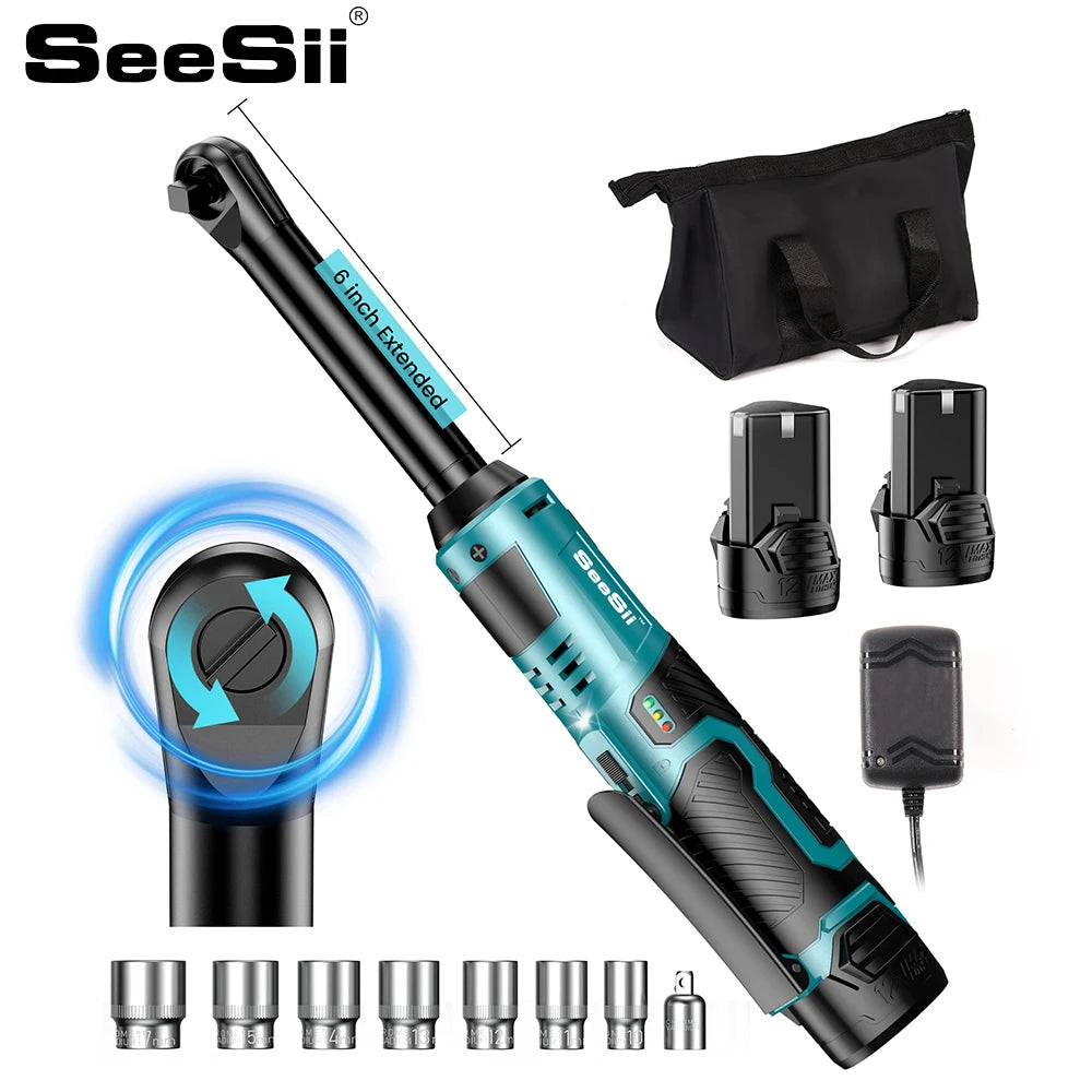 SEESII 3/8" 12V Cordless Extended Ratchet Wrench – 55Nm, 2 Batteries