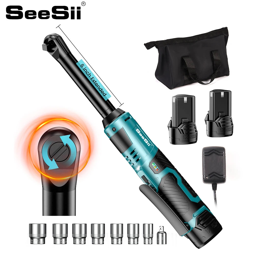 SEESII 3/8" 12V Cordless Extended Ratchet Wrench – 55Nm, 2 Batteries