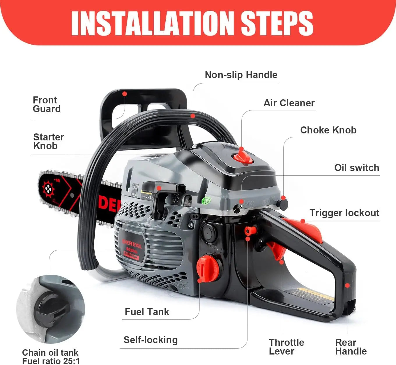 62CC 20" Gas Chainsaw – 3.4HP 2-Stroke Engine