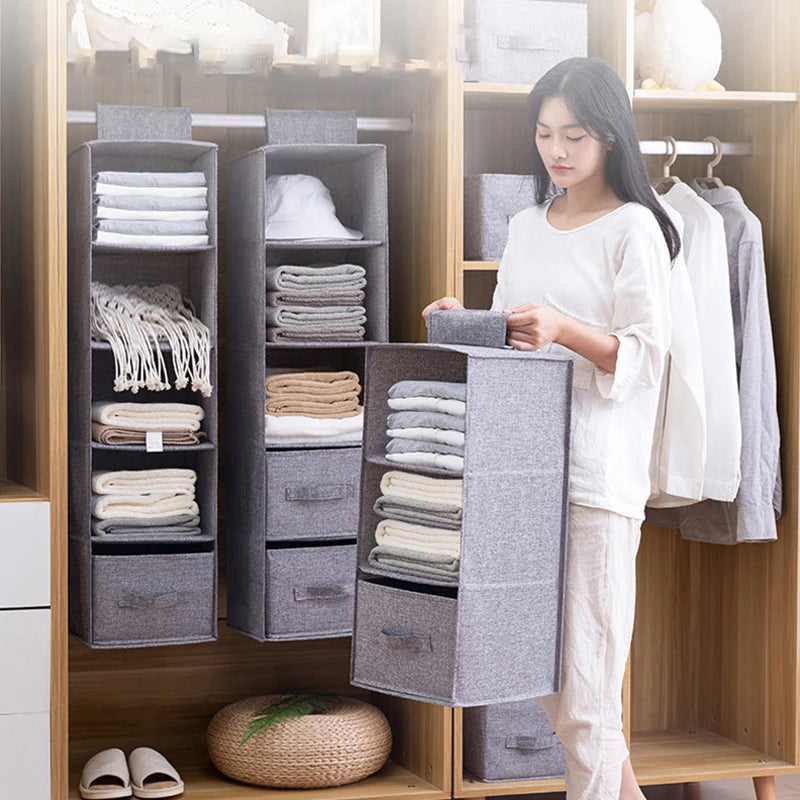 Cotton Linen Hanging Wardrobe Organizer – Collapsible Storage Shelf