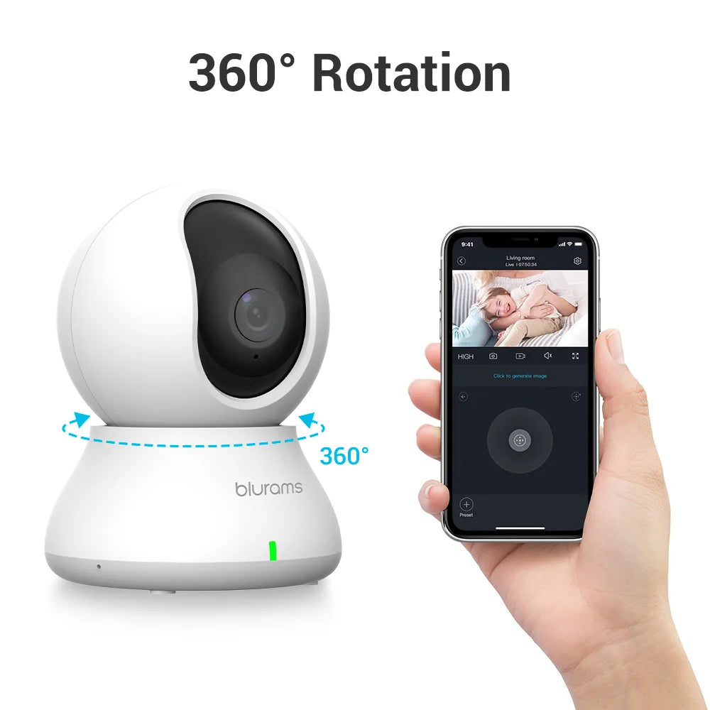 Blurams 2K Indoor WiFi Camera – 360° PTZ, Night Vision, 2-Way Talk